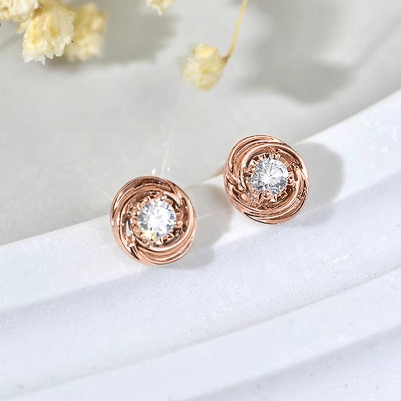 Simple Elegant Stud Earrings Female Versatile Daily Jewelry for Teens Rose Gold Color Bright Round Zirconia Accessories