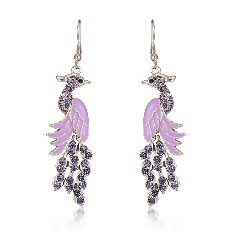 Blue Drop Oil Rhinestone Peacock Earrings for Women Ethnic Vintage Long Silver Color Geometric Animal Earrings Boho Jewelry Gift