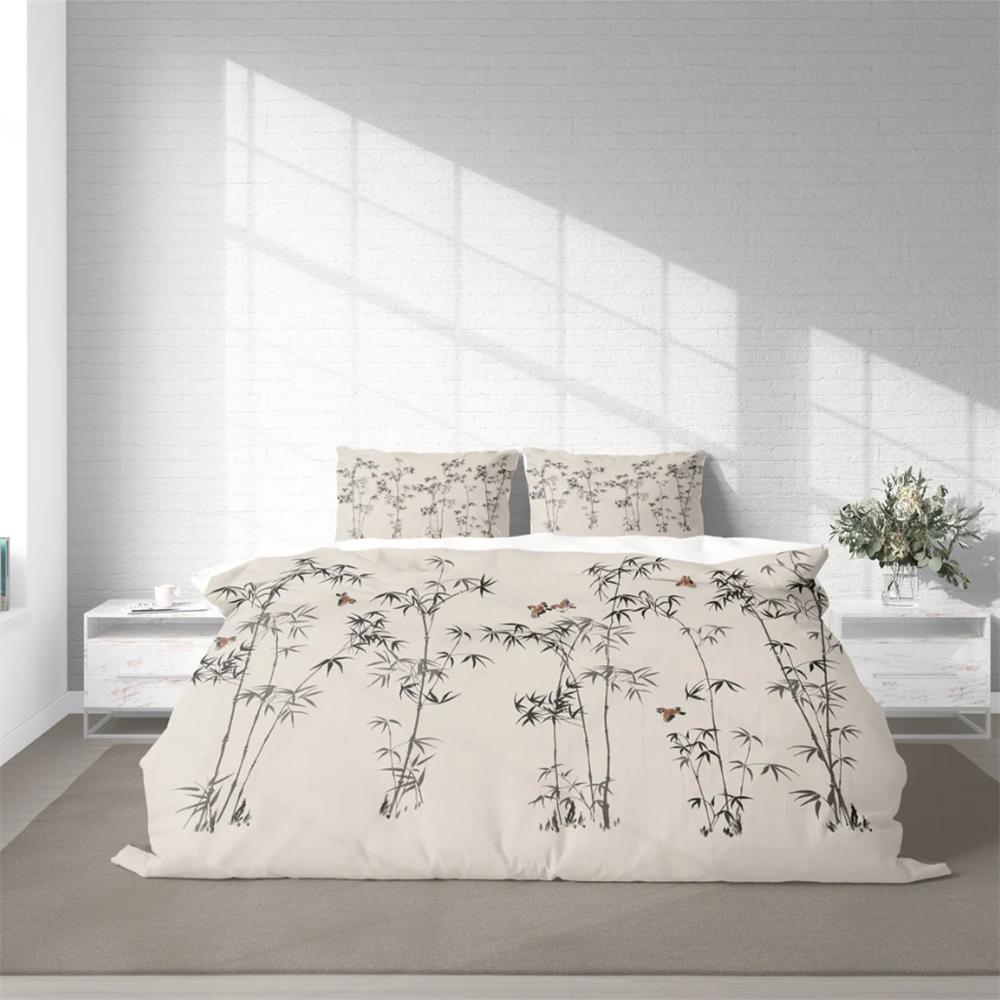 Japanese Bamboo Birds Duvet Cover Set w Pillowcases, Chinese Botanical Floral Nature Quilt Cover, Single Double Full Queen King