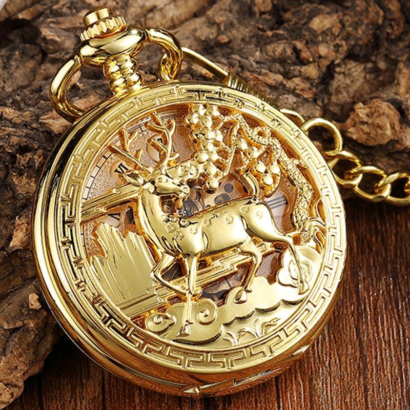 Golden Hollow Deer Pattern Mechanical Pocket Watch Vintage Double Side Steampunk Fob Clock Male Necklace Watch Chain Women Men