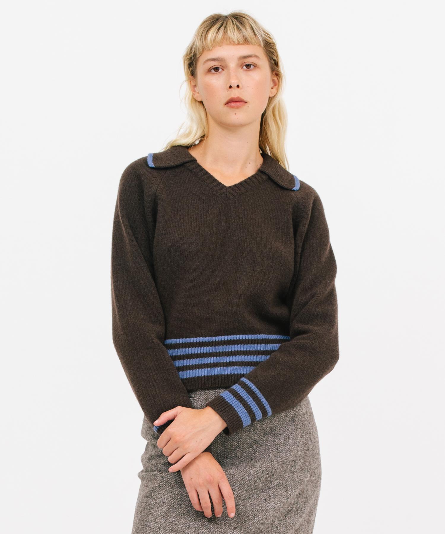 Jun By Jun K Open Collar Striped Knit_Choco F