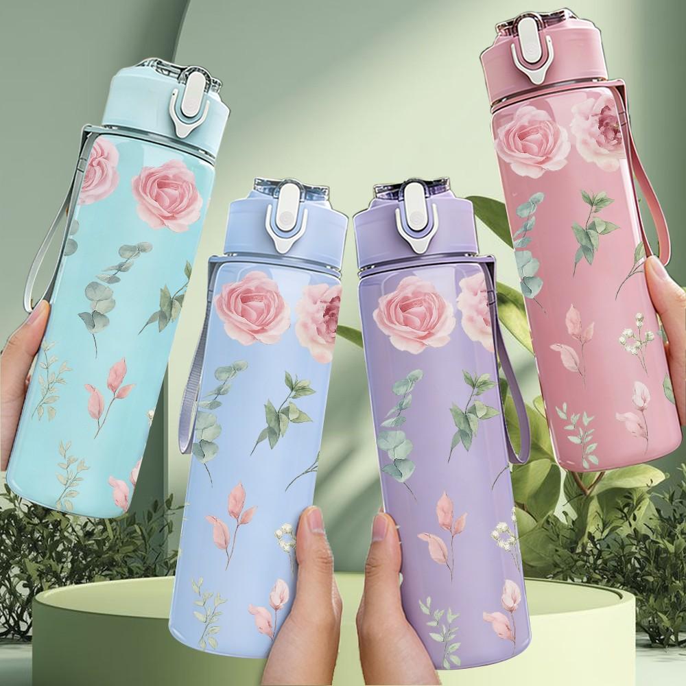 1PC Soft Pink Rose Floral Simple Pattern 750ml Color Plastic Sports Water Bottle Leakproof Flip Straw Lid Suitable for Sports Office Home Use