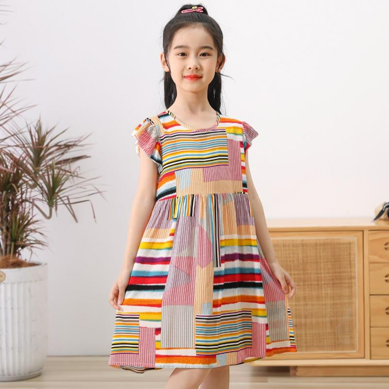 Girls' Cotton-padded Fly-sleeved Dresses, Big Children's Printed Floral Skirts, Back Straps, and Beach Skirts