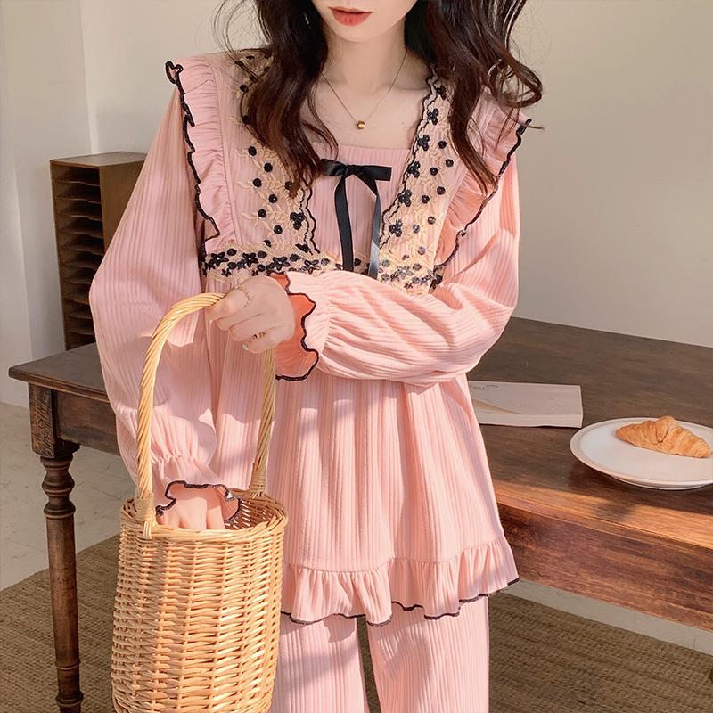 Korean Style Pure Cotton Pajamas Set Square Neck Long Sleeves Trousers Women Solid Color Kawaii Women's 2 Piece Pajamas Set Elegant