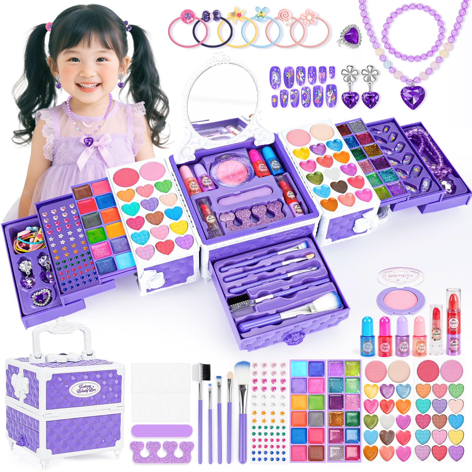 

Dreamon Набор для макияжа для игрушки для макияжа для подарка для начальной школы для возраста начальной школы Рождественский подарок для девочек, Коробка, Ученики, Детская косметика, Туалетный столик,