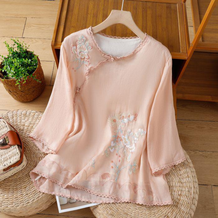 Women s Chinese Retro Embroidered Cotton Linen Zen Top with Seven Sleeves and Frog Buttons 2XL розовый