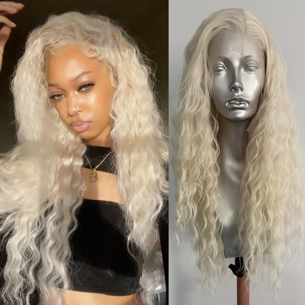 Peluca Rubia Platino Onda Profunda Rizada 13x4 Encaje Frontal Sintético para Mujeres Sin Pegamento Fibra Resistente al Calor Cabello Uso Diario Cosplay
