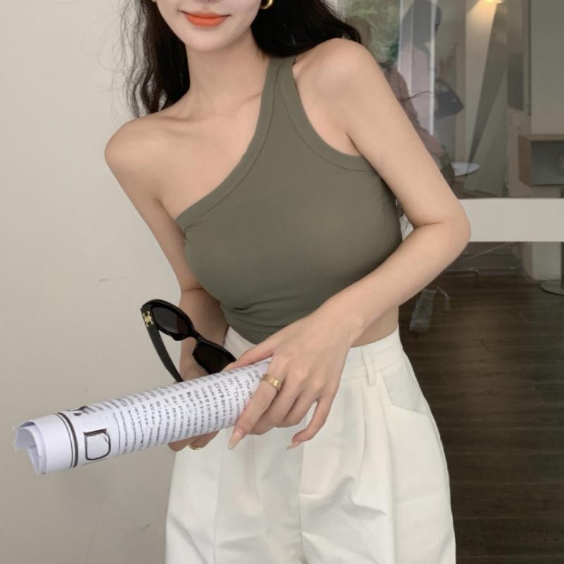 Camisole d'été pour femmes, épaules diagonales, haut polyvalent, nombril ouvert, haut court