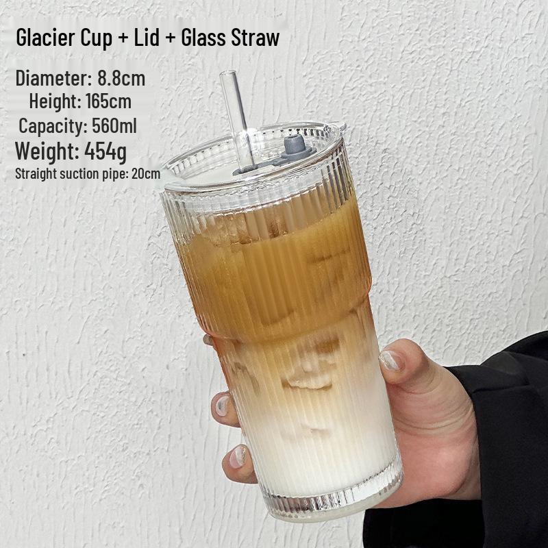 Trendy Large-Capacity Glass Cup with Lid & Straw, Vertical Stripes - Perfect for Cold Drinks, Juice, Coffee, or Water