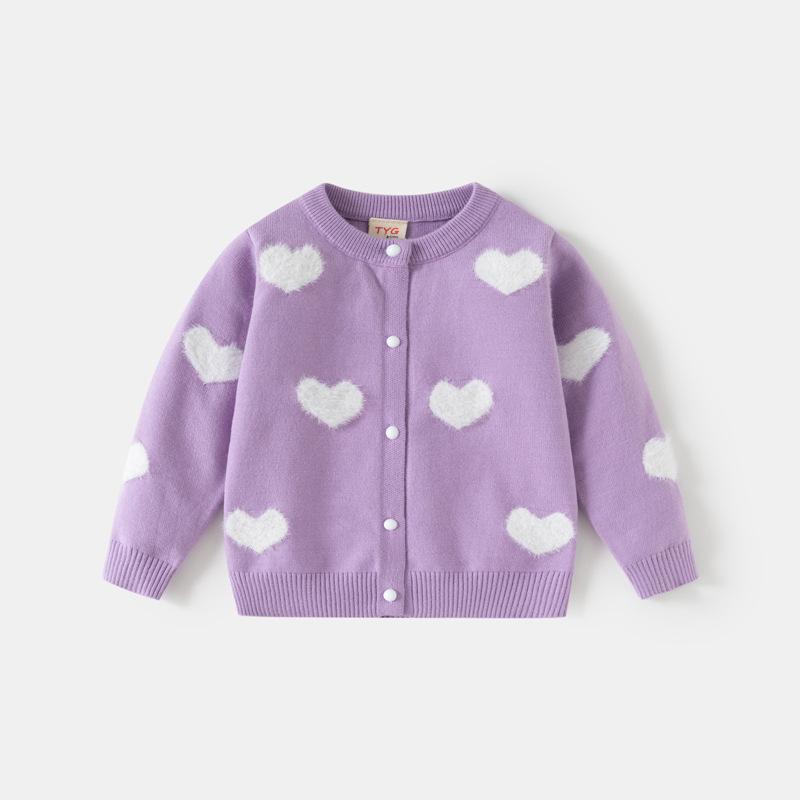 Children's Mink-Heart Jacquard Cardigan - Spring/Autumn Core-Spun Yarn Sweater for Girls