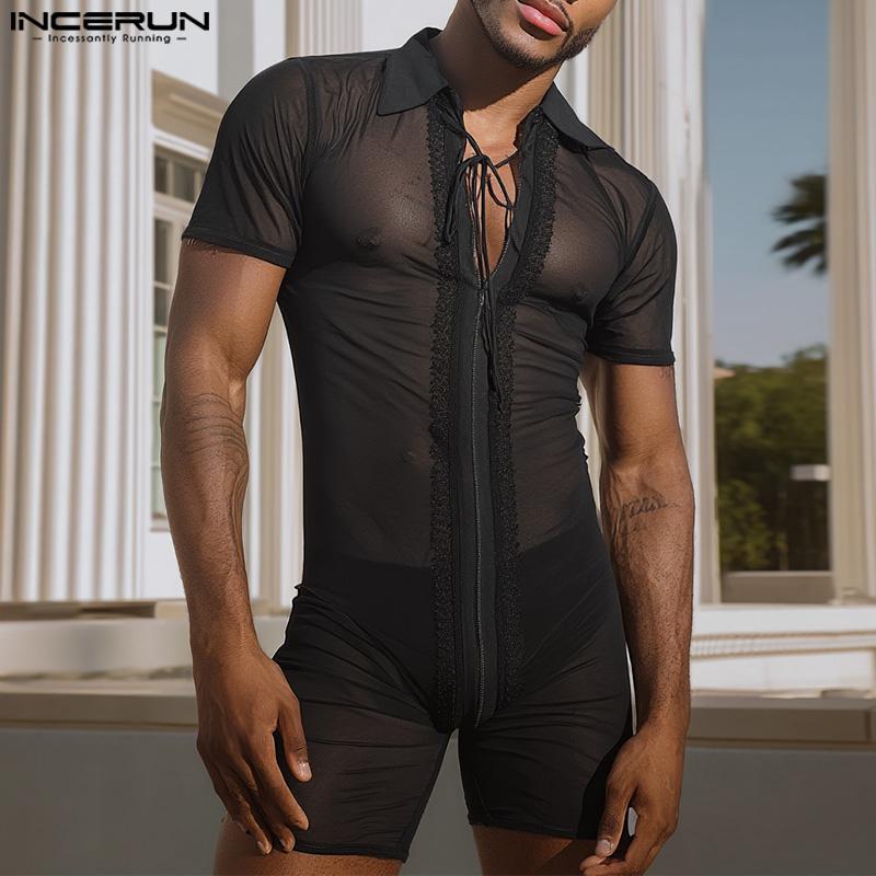 INCERUN Men Sleeveless Stitching Mesh Sheer Transparent Jumpsuits Underwear 