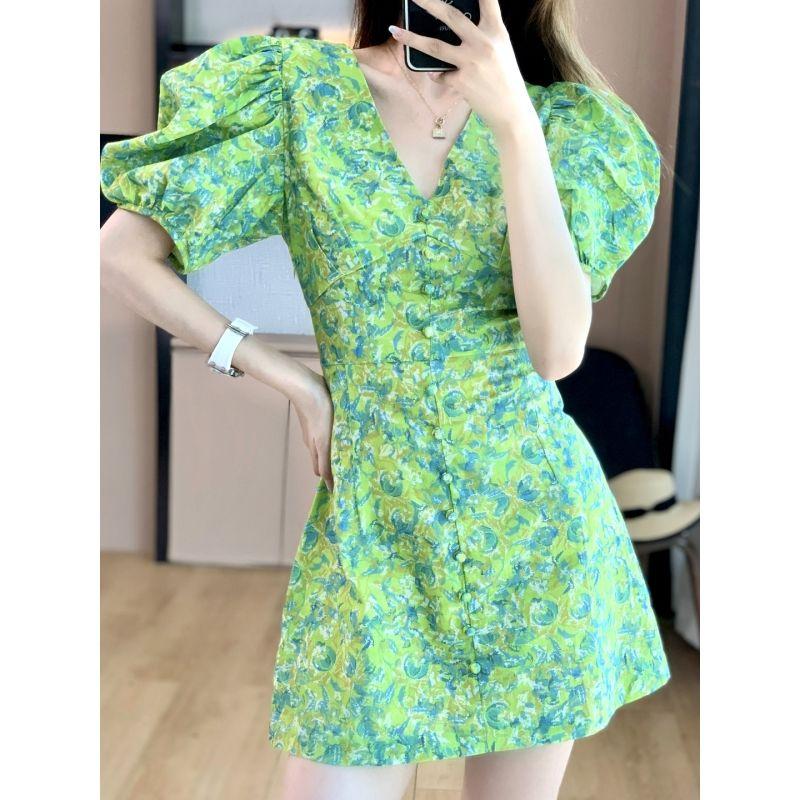 Romantic and Elegant Green Floral French Puff Sleeve Dress for Women