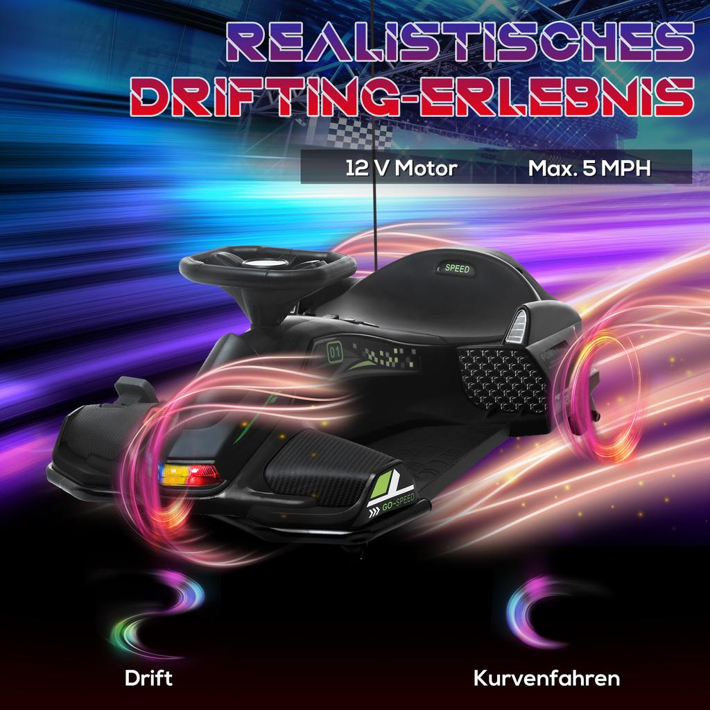 Electric Go-Kart for Kids, Rubber Wheels, 3-8 km/h, with Lights and Music Function, Black