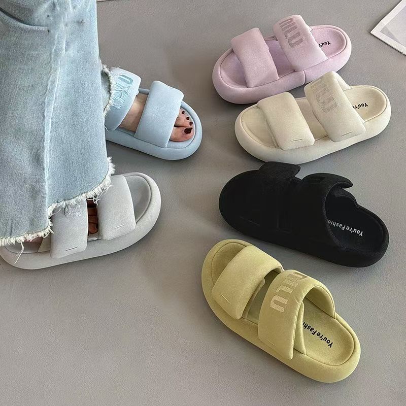 Casual One-word Explosion Summer Women's New Outer Wear Heightening Beach Cool Slippers Thick-soled Slippers Velcro 2025