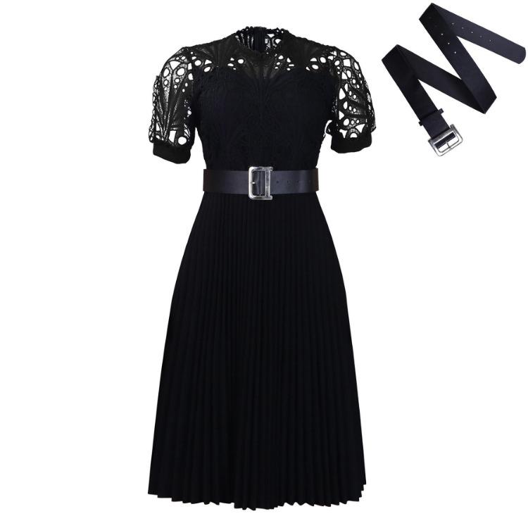 2024 European American Style Women Lace Pleated Short Sleeve Dress