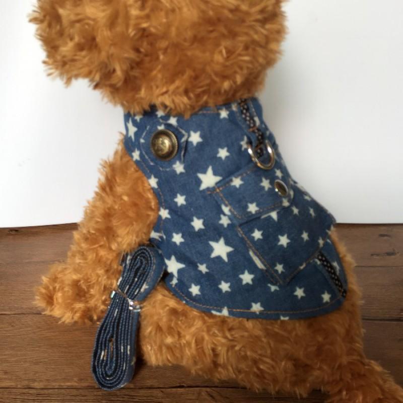 Adjustable Dog Harness With Chest Strap Leash Small Breeds Like Poodle Shih Tzu Chihuahua Denim Style Vest