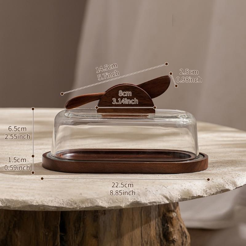 Covered Butter Serving Tray with Wood Base and Acrylic Lid for Counter Placement, Dining Service, and Simple Cheese Presentation Daily