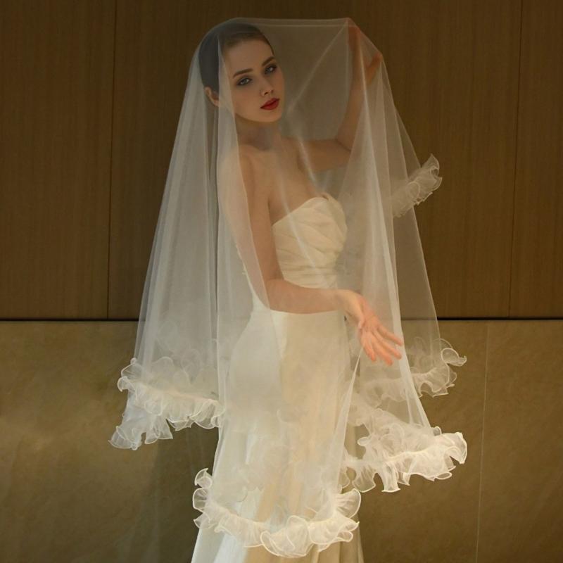 Wedding Veil Ruffled Stylish Falbala Long Veil Bride Hair Accessoies White