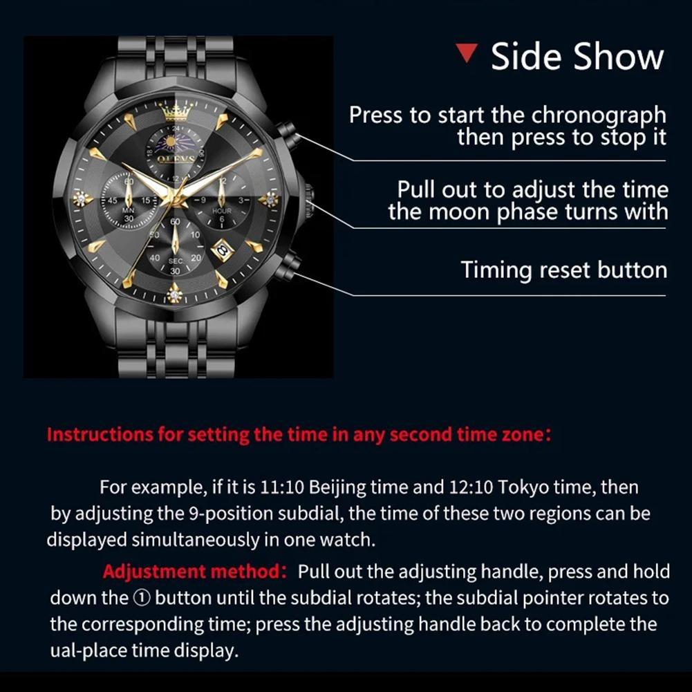 Mens Business Watch Fashion Quartz Watches Multifunctional Chronograph Waterproof Moon Phase Watch Mens Gifts