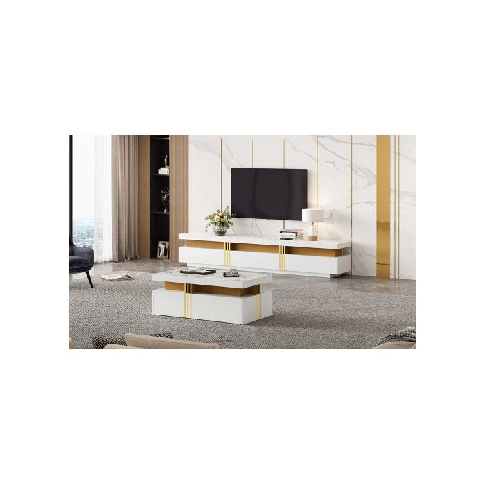 Wand-TV-Möbel weiß, Wohnzimmermöbel-Wandset, Couchtisch + TV-Möbel