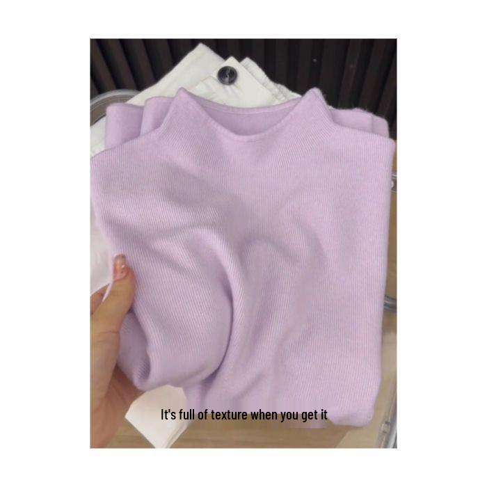 Fufu Korean Style Blue Slim-Fit Knitted Sweater, Semi-High Neck, Soft and Cozy Top for Autumn and Winter 2026.