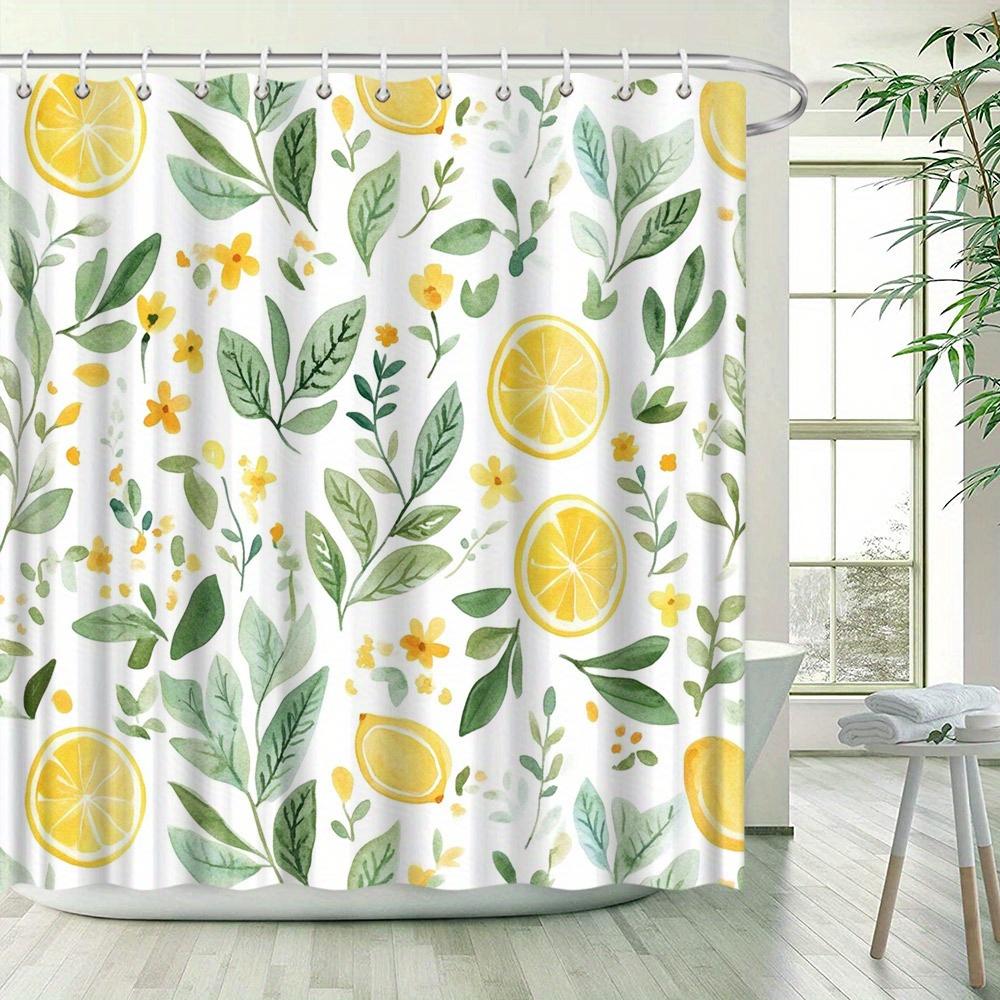 Lemon & Leaf Curtain - Watercolor, 70In, Water-Resistant Polyester, 12 Hooks, White Background, Botanical Design