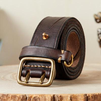 Korean Style Double Pin Buckle Leather Belt for Men - Genuine Cowhide Retro Youth Jeans Waist Belt