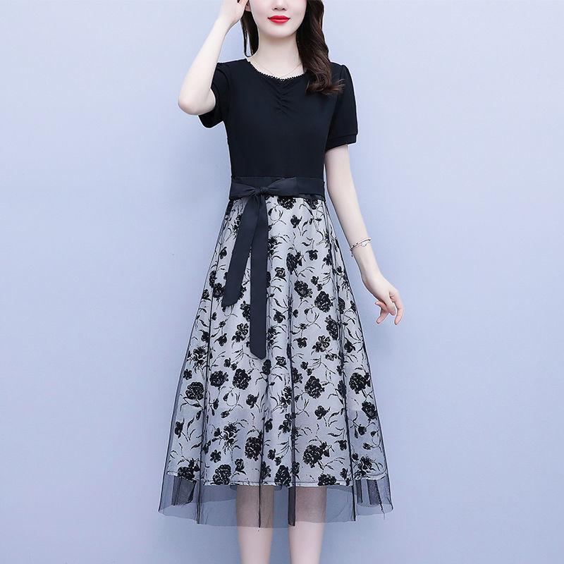 Women's Black Mesh Patchwork Faux Two-Piece Short-Sleeve Dress, Summer 2024 - Waist-Cinching Tie-Up Design.