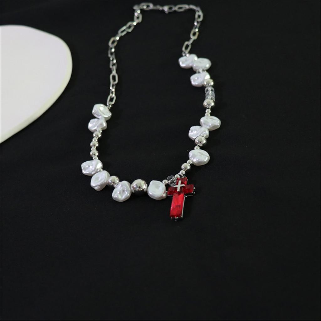 Tooxika Sweet Cool Hottie Pearl Cross Necklace Men's And Women's Hip Hop Personalised Dark Collarbone Chain