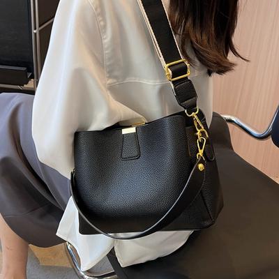 Dámská módní kabelka z umělé kůže, jednobarevná taška přes rameno s nastavitelným popruhem, zapínání na zip, všestranná crossbody taška typu bucket bag
