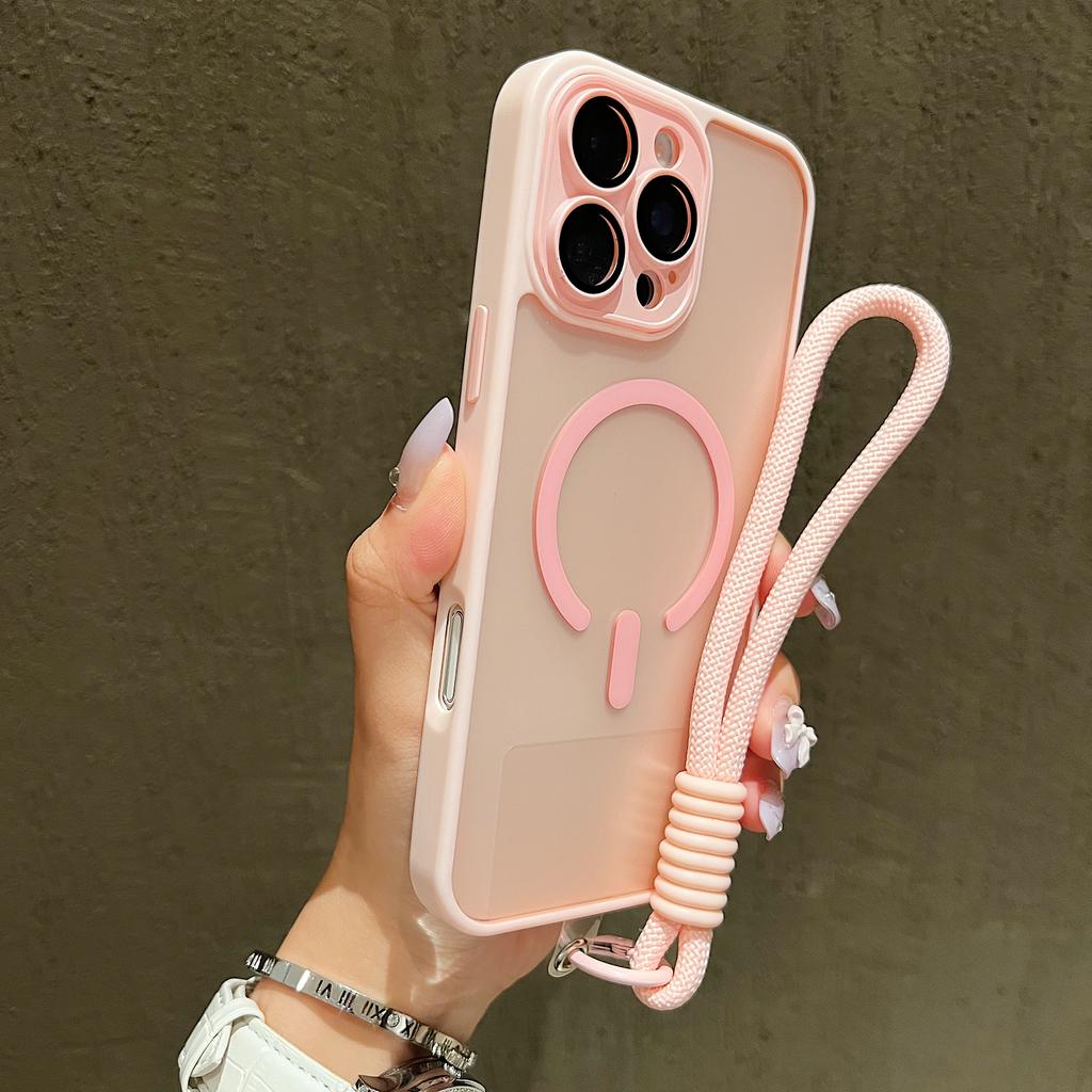 Przezroczyste Matowe Etui z Paskiem na Nadgarstek Magsafe dla iPhone 17 16 15 14 Plus 13 12 11 Pro Max Kontrastowy Sznurek Magnetyczna Osłona
