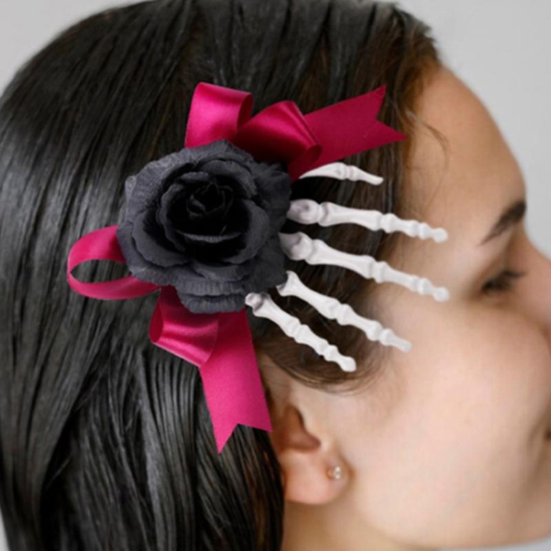 1pc Lightweight Gothic Skeleton Hand Hairpin Rose Design Secure Hold Accessories For Haunted Event