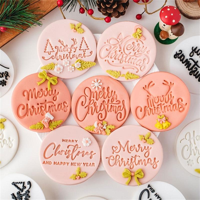 Creative Christmas Cookie Stamp with English Blessing Food Grade Fondant Mold Biscuit Maker for Festival Baking Needs