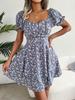 Abito Stampato con Scollo Quadrato Vita Alta Abito Elegante da Donna Manica Corta Abiti Ampi Abito Casual