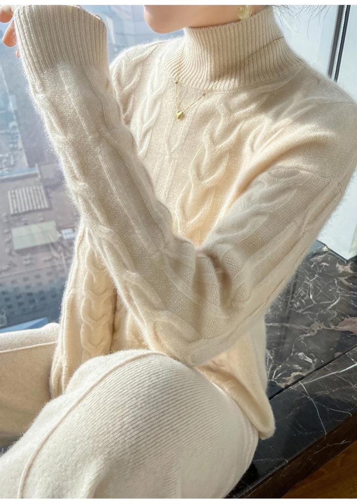 Women's 100% Pure Wool Cable Knit Half-High Neck Sweater - Loose, Thick Pullover for Autumn/Winter