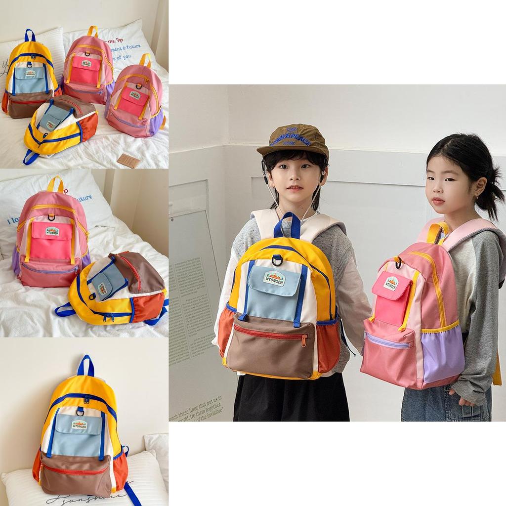 Childrens Oxford Cloth Backpack With Color Block Design For School And Travel Use