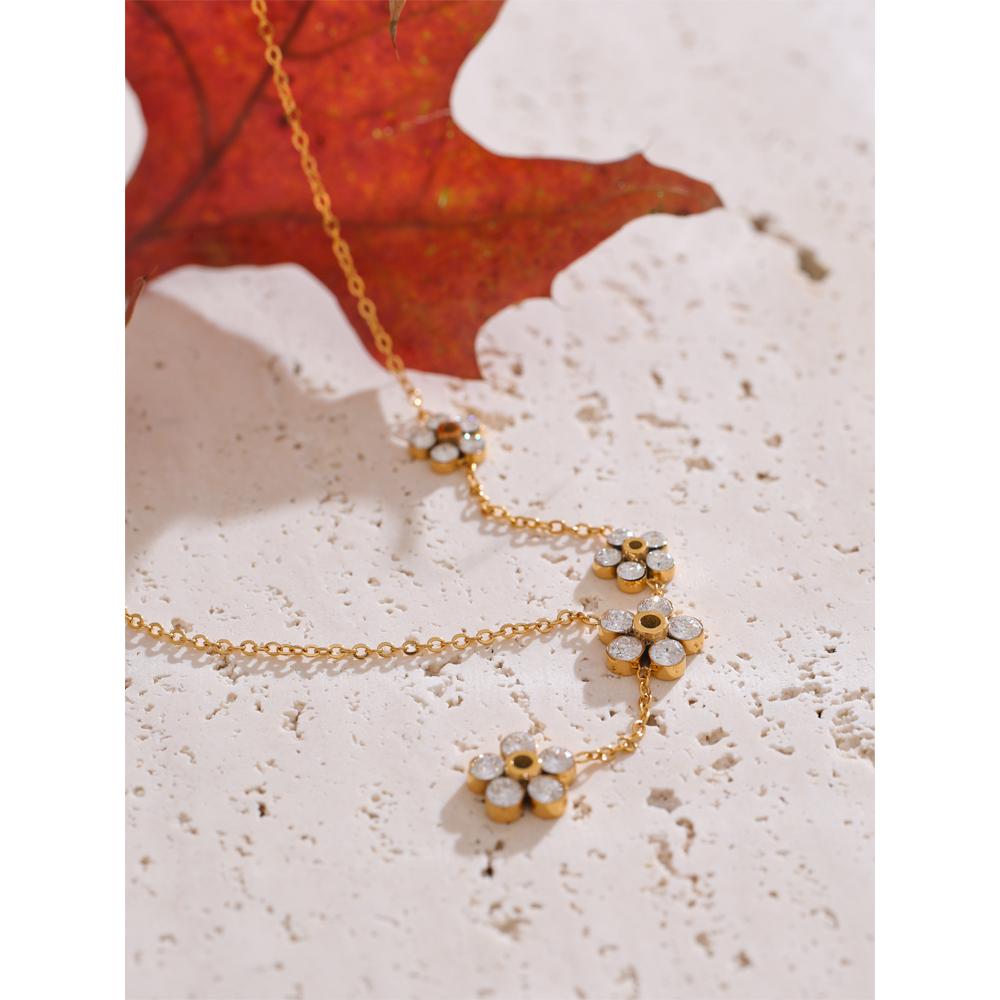 Yhpup Delicate Shiny Cubic Zirconia Flower Chic Chain Drop Golden Necklace for Women Stainless Steel High-Grade Collar Jewelry