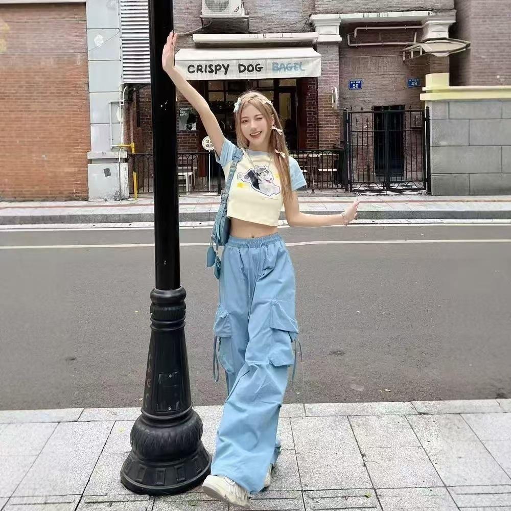 

Рабочие брюки для женщин, силуэт с высокой талией и широкими штанинами, повседневный стиль, прямые брюки, модные XL синий