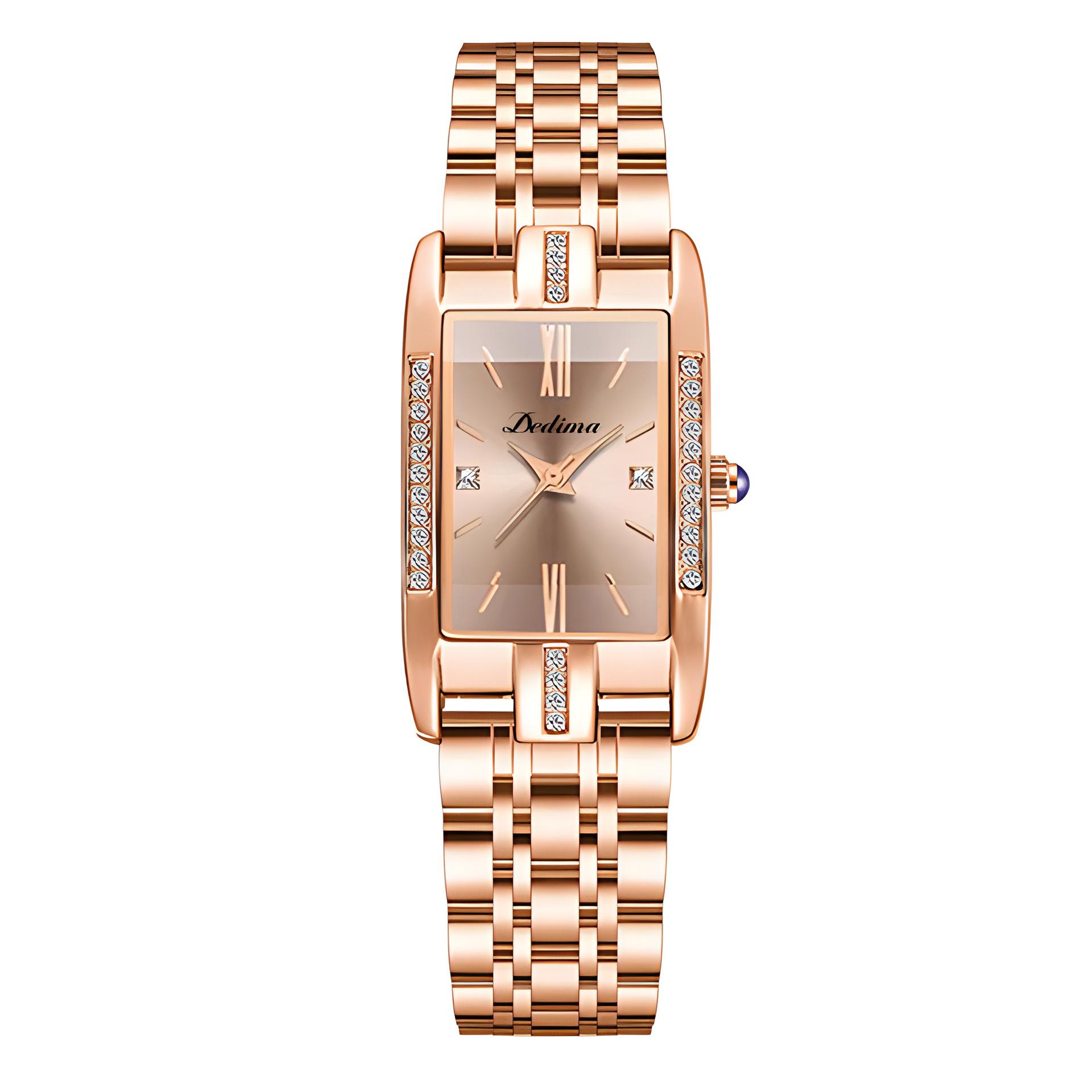 

Роскошные женские квадратные римские часы с бриллиантами, модные прочные часы из нержавеющей стали с застежкой-бабочкой из розового золота розового золота