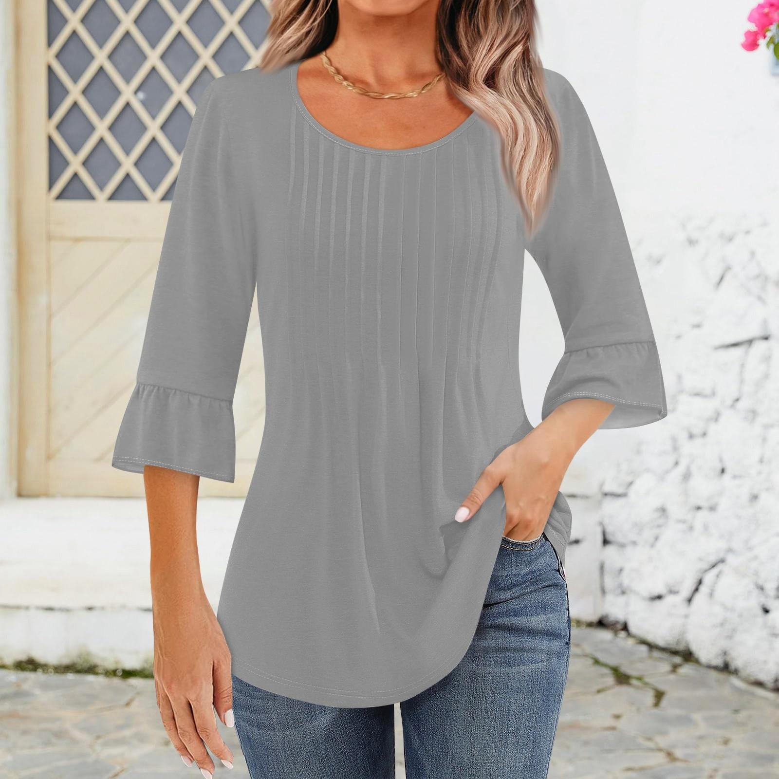 

Рубашки с рукавом 3/4 для женщин, топы, нарядные повседневные блузки, плиссированные топы-туники с круглым вырезом XXXL серый