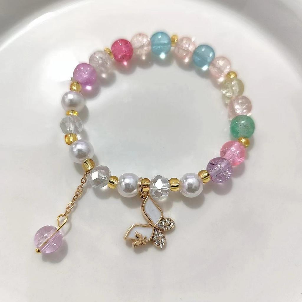 Forest Butterfly Glass Bracelet with Ice-Cracked Flower Beads