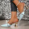 Fashion Luxury Sequins Pointed Toe Slippers Women Crystal Decor Heel Pu Leather Sandals Ladies Party Wedding Thick Sole Slides Mujer