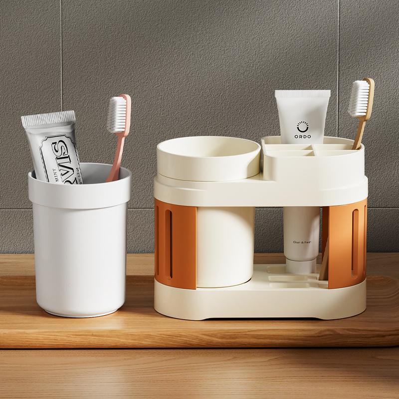 Modern Plastic Toothbrush Holder with Cups Mounted Bathroom Organizer for Couples Non-Electric Toothbrush and Mouthwash Cup Set