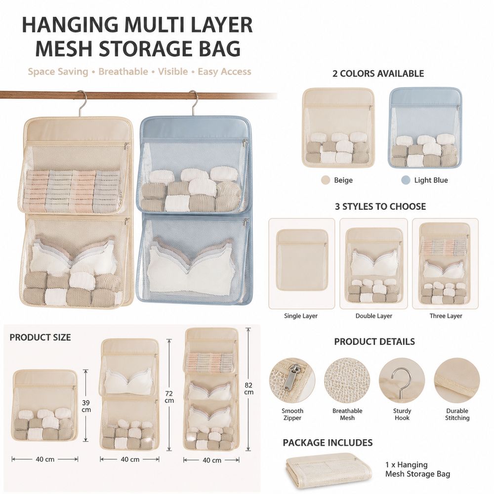 Multi Layer Underwear Hanging Bag Zipper Closure Closet Storage Bag Wardrobe Organization