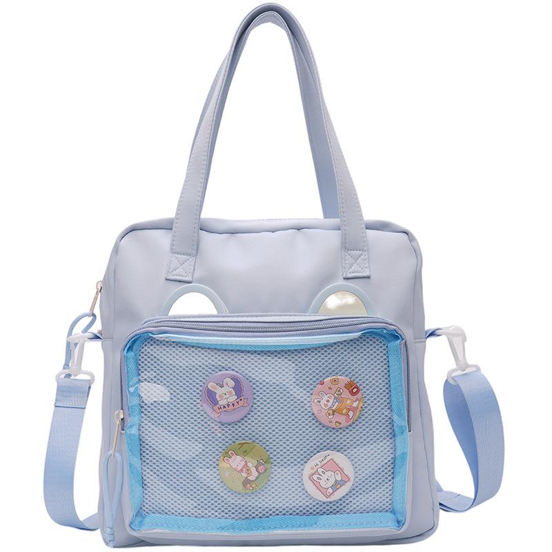 Vielseitige transparente Umhängetasche im japanischen Stil, große Kapazität, Canvas-Umhängetasche, Studententasche, Umhängetasche mit niedlichem Bären im Anime-Stil