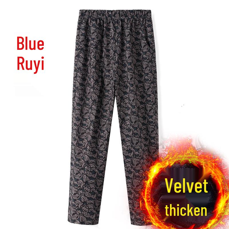 Women's Fleece-Lined Pants, Loose Straight Leg for Middle-Aged/Elderly, Patterned Plus Size, Mom's Style, Fit for All Seasons (Spring, Autumn, Winter)