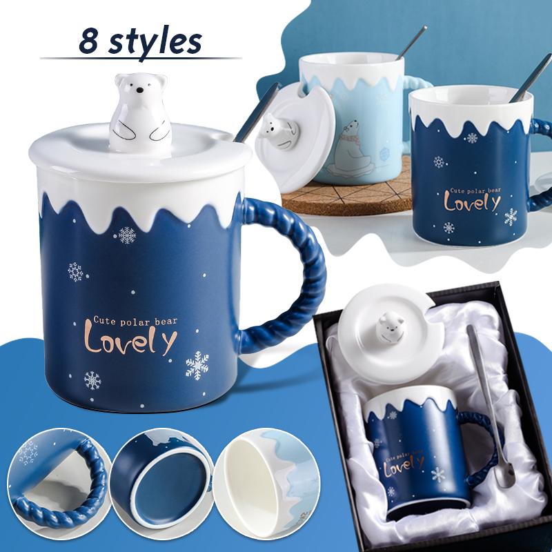 Cute Polar Bear Ceramic Mug With Lid Spoon Coffee Cups Creative Drinkware Coffee Tea Milk Cup Gifts