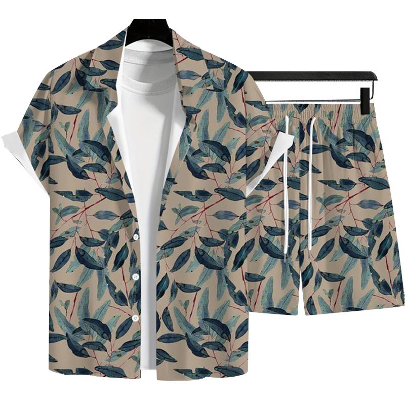 Modisches Herren Sommer Urlaubsstil Hawaiianische Kokosnuss Strand Aufdruck Lässiger Komfort Kurzarmhemd Strandshorts 2-teiliges Set