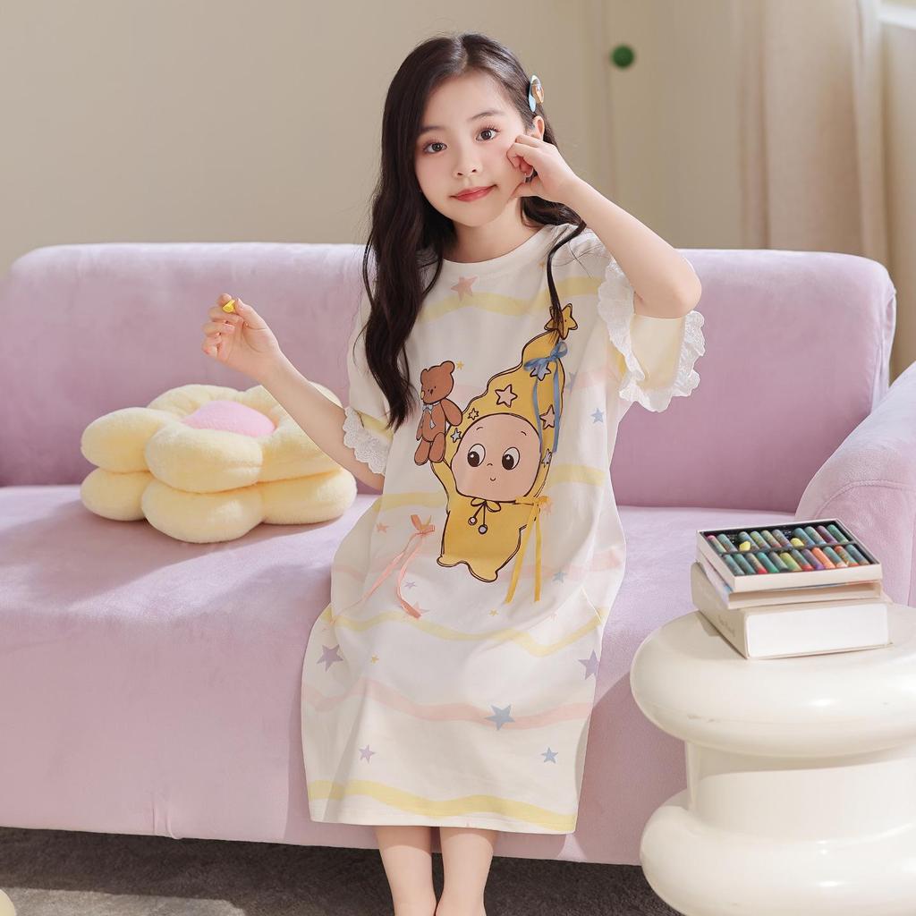 Girls' Summer Cotton Pajama Dress - Short Sleeve Princess Nightwear for Children 81132
