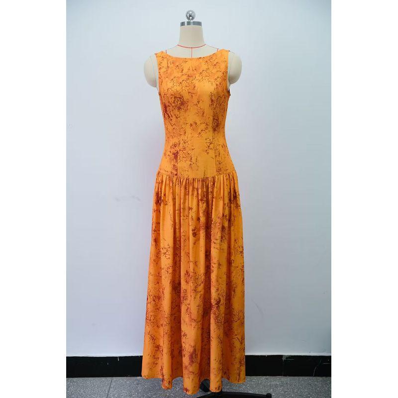 

Fashion Style Fashion Print round Neck Sleeveless Waist Trimming Spaghetti Straps Dress Printed round Neck Dress Print L